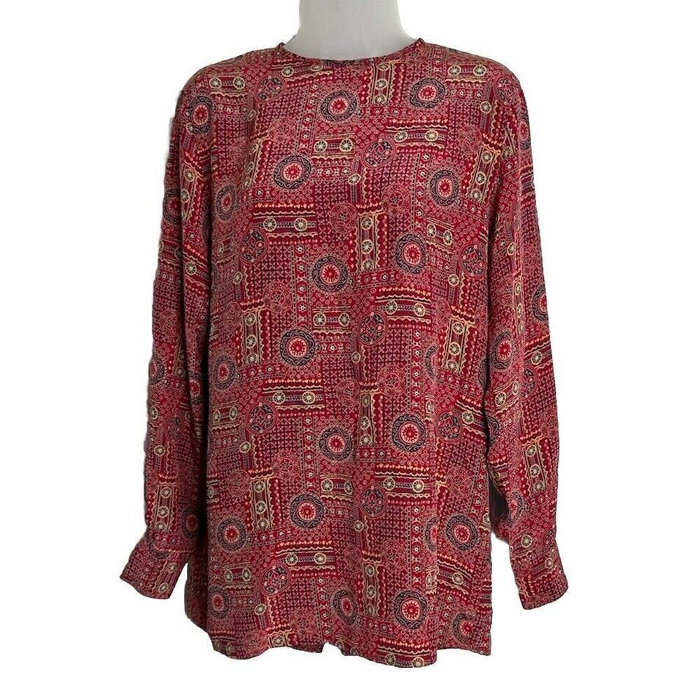 Vintage First Issue Long Sleeve‎ Print Blouse Button Up Back Size 6 Red